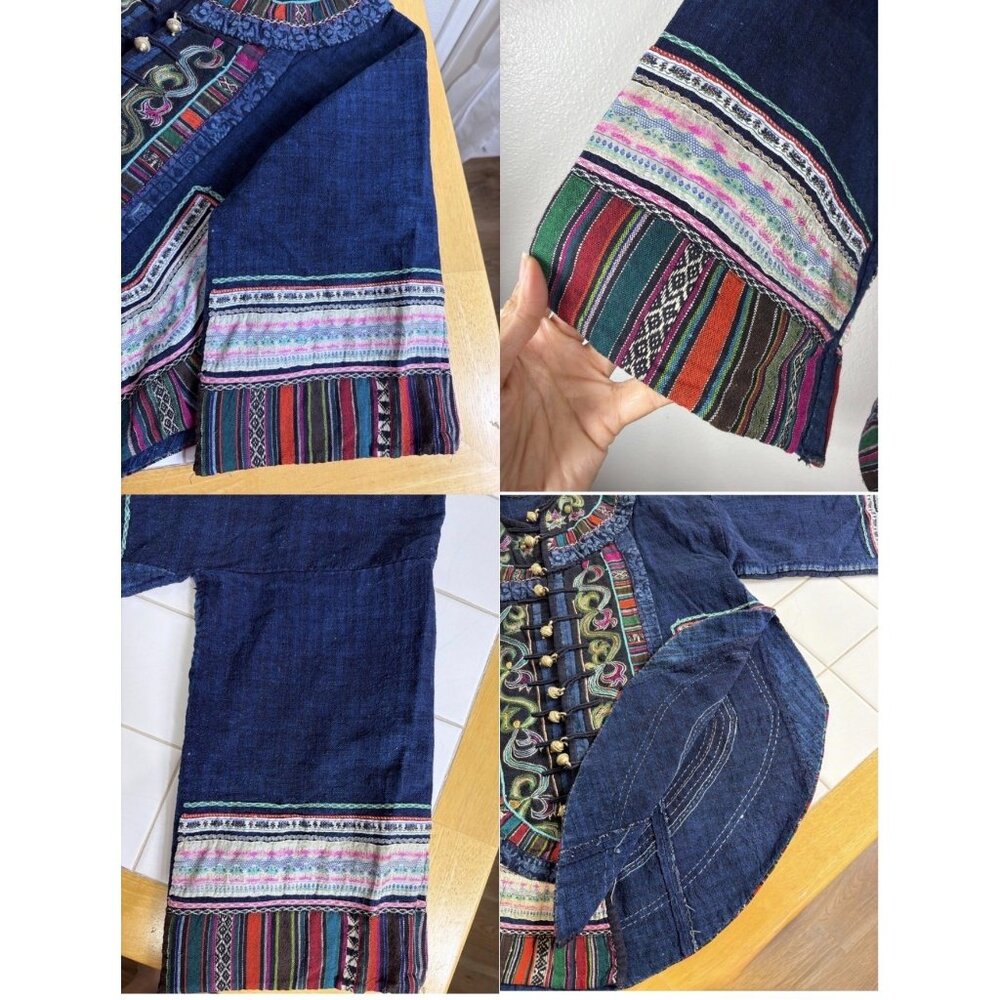 Vintage Hmong Handmade Indigo Jacket Embroidered Tribal OOAK Boho Artisan - Picture 12 of 16